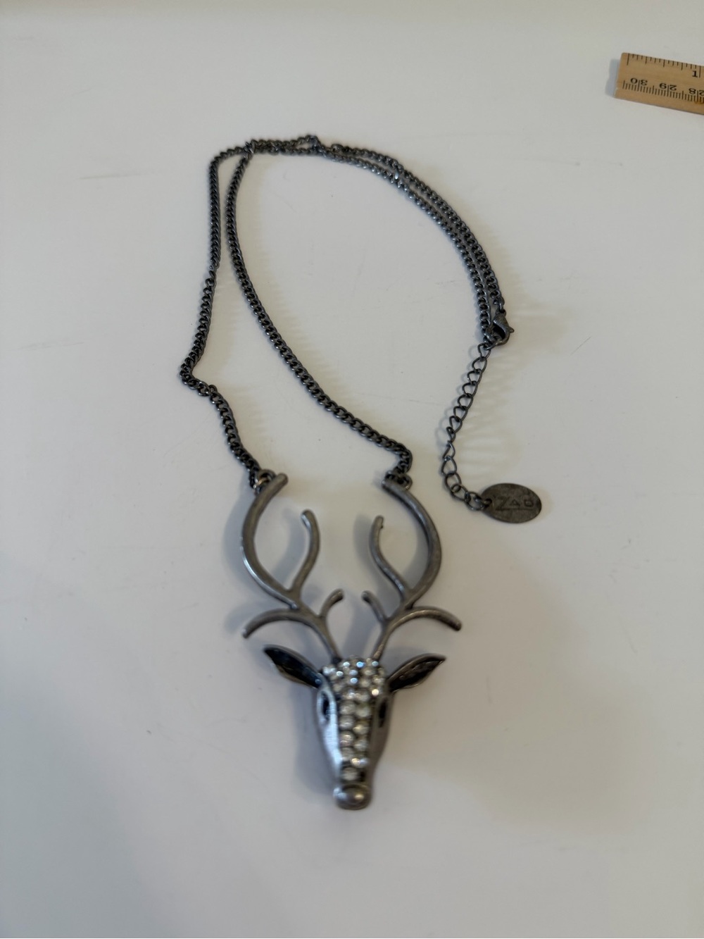 Gunmetal Deer Head Pendant Necklace with Rhinestone Accents